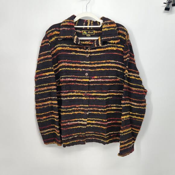 Mirosol Black Multicolor Fringe Cotton Lagenlook Button Down Jacket Women L - Picture 1 of 8
